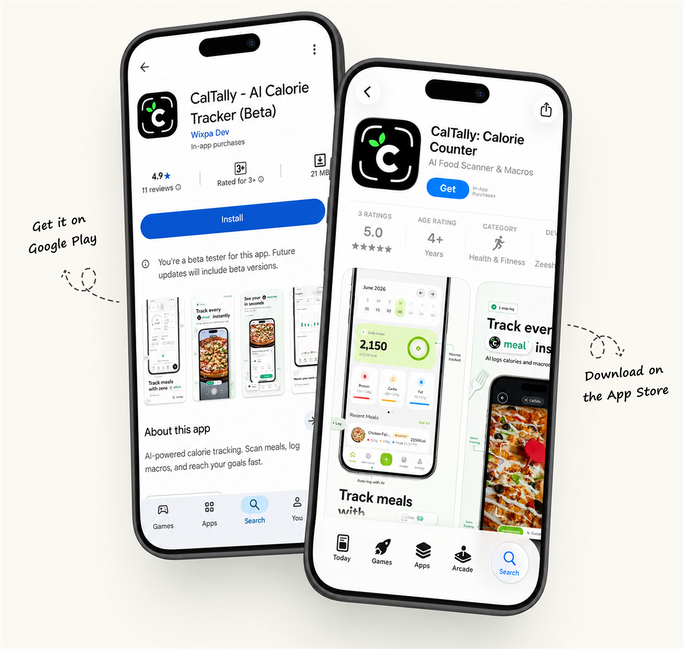 CalTally on the App Store and Google Play, with download callouts